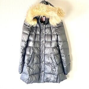 Juicy Couture Y2K Black Down Puffer Hooded Fur Trim Overcoat Coat Size Small